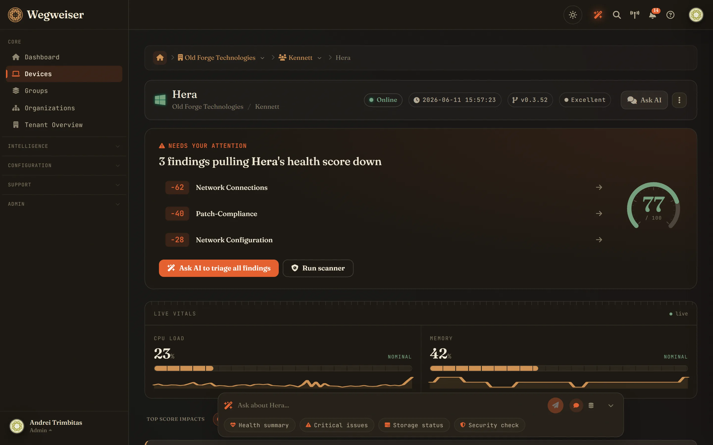 Device view - findings first, with one-click triage and the scanner