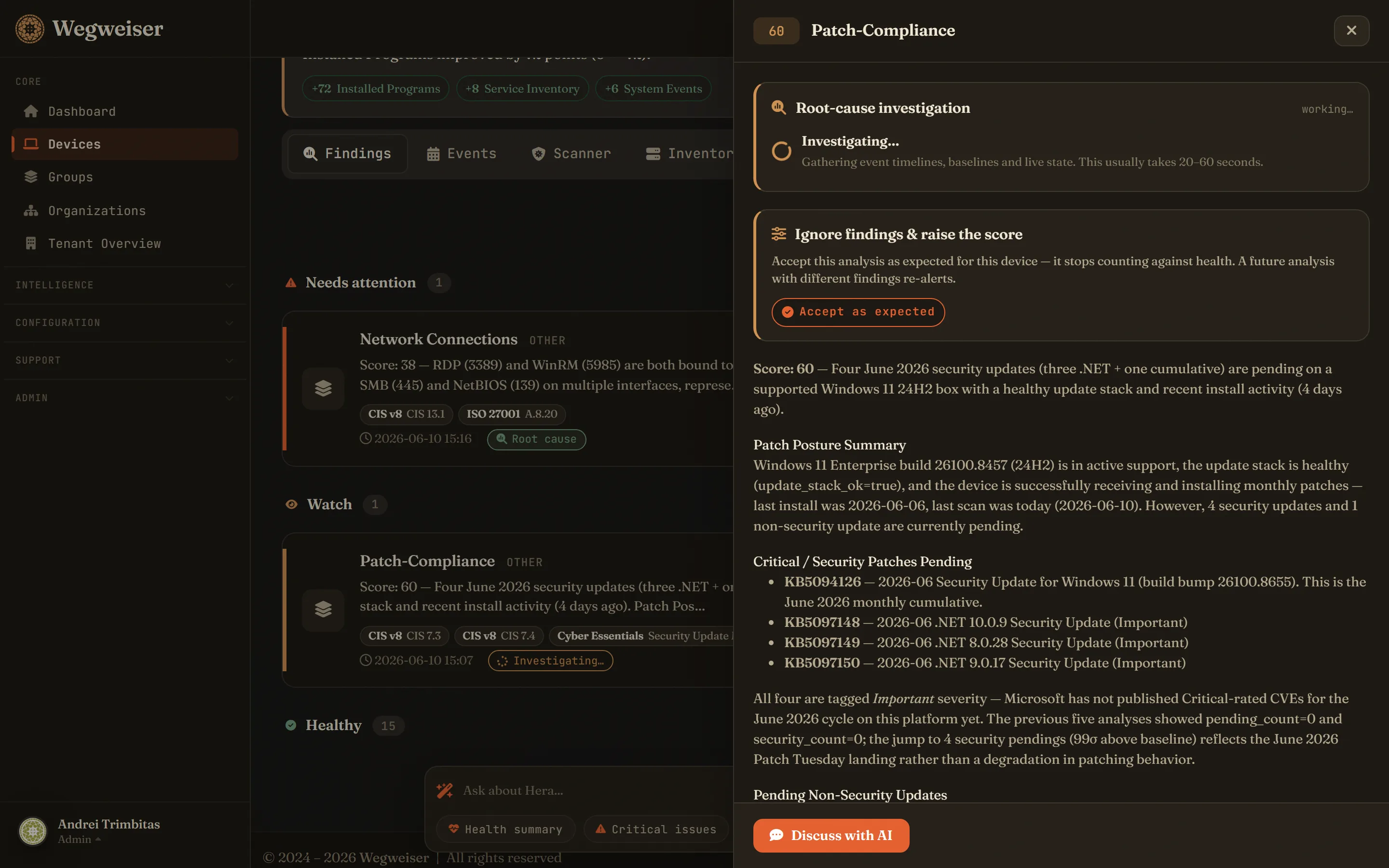 AI analysis with Discuss-and-Override - accept a benign finding and the score recomputes