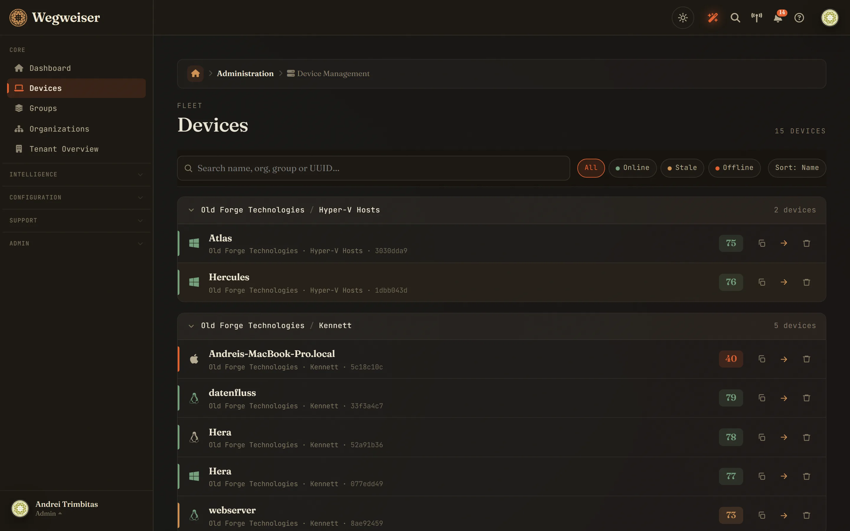 Fleet - every device grouped by client, scored at a glance