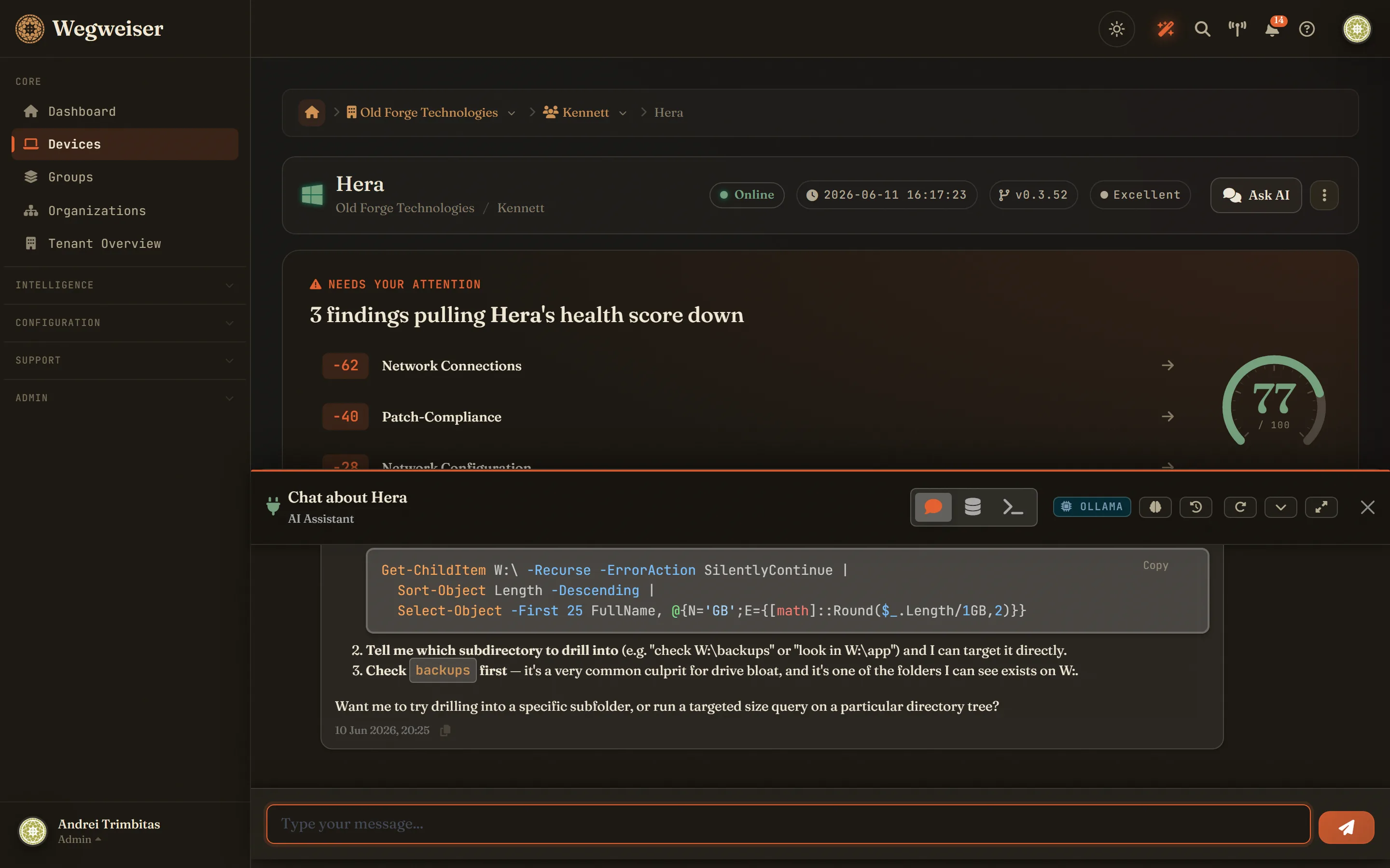 Device AI chat - streaming answers that can accept findings and tune scores