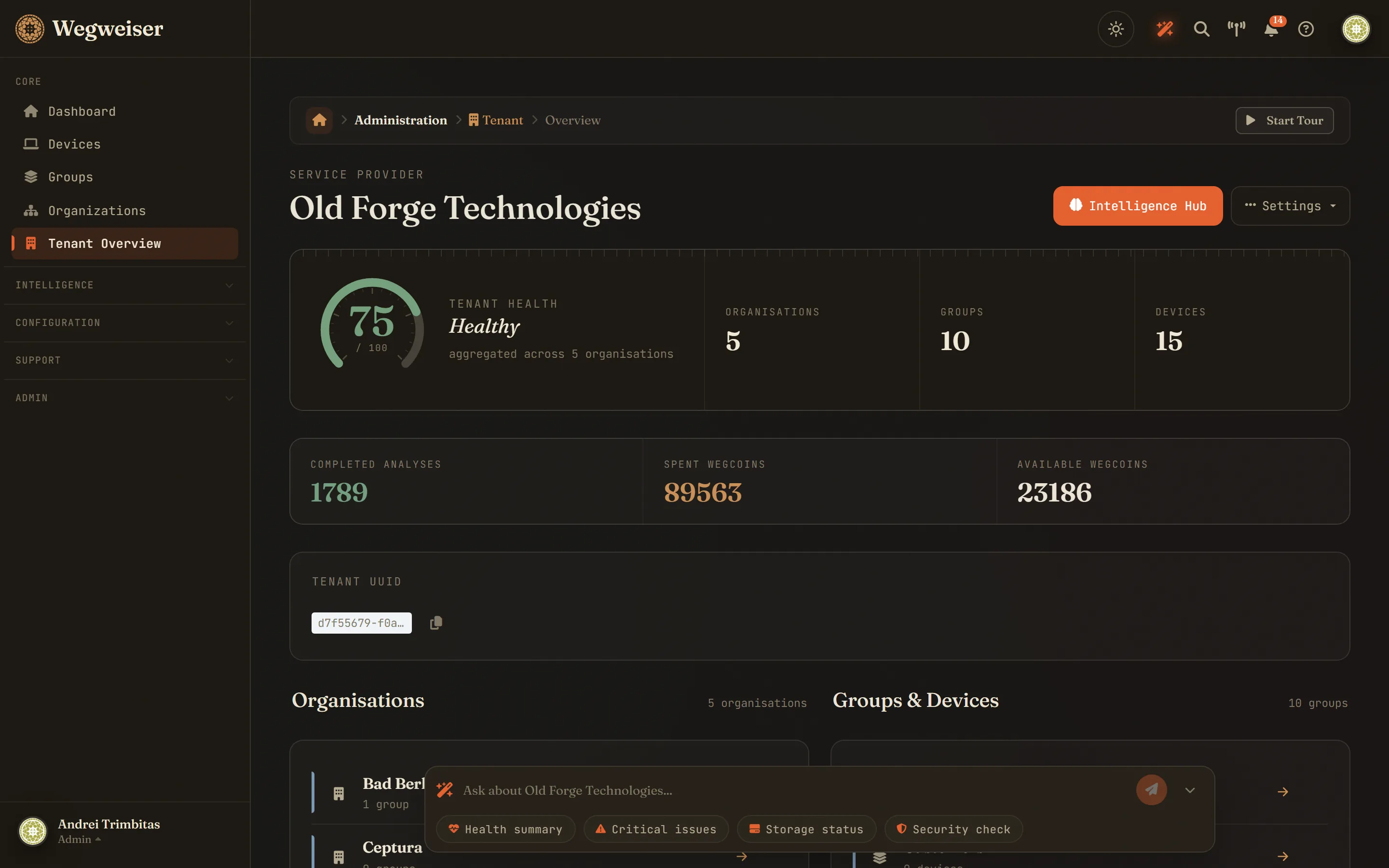 Tenant Overview - fleet health, analyses and Wegcoin balance