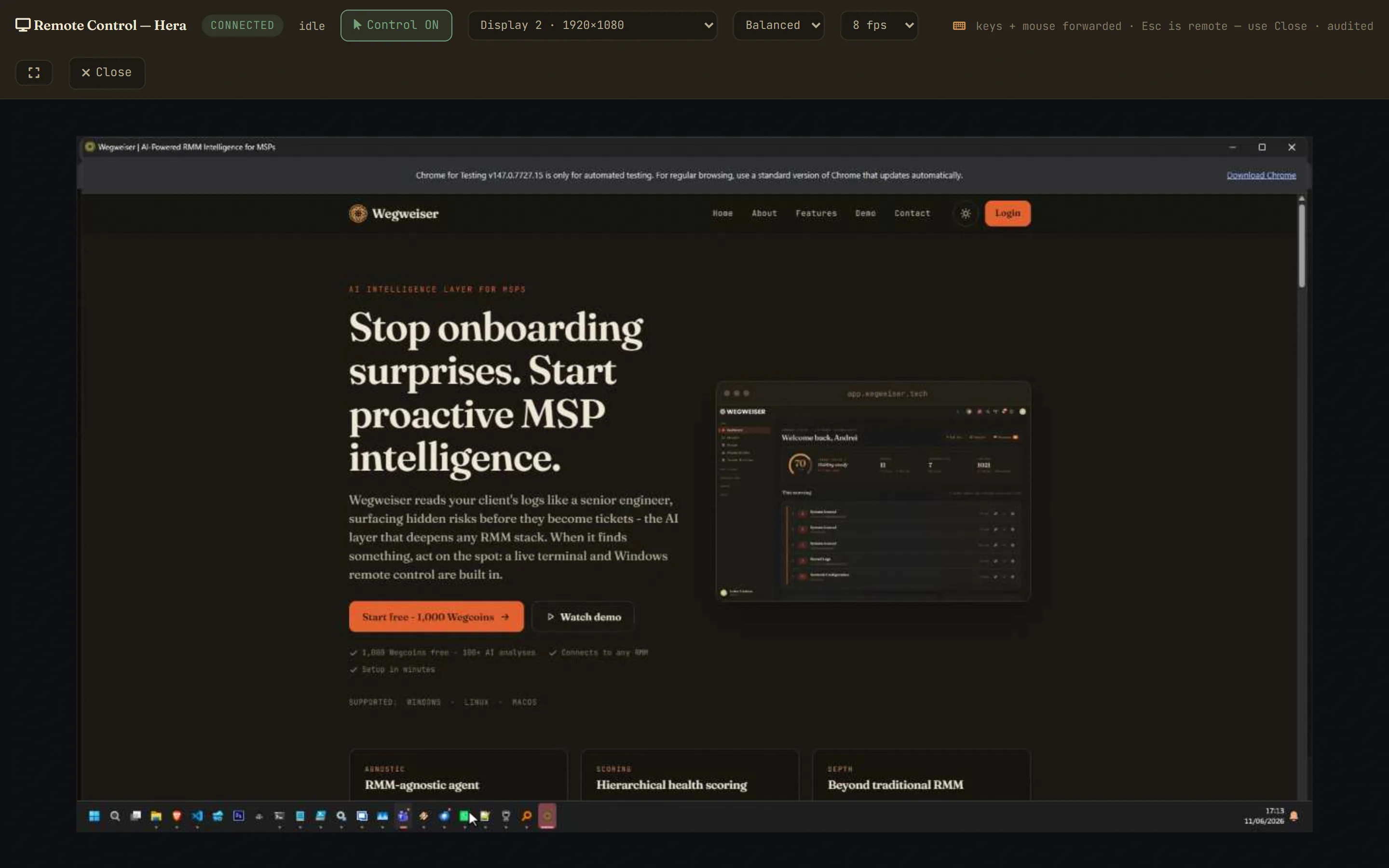 Remote Control - a Windows desktop live in the browser, with per-monitor switching, quality tuning and a mandatory on-screen consent banner