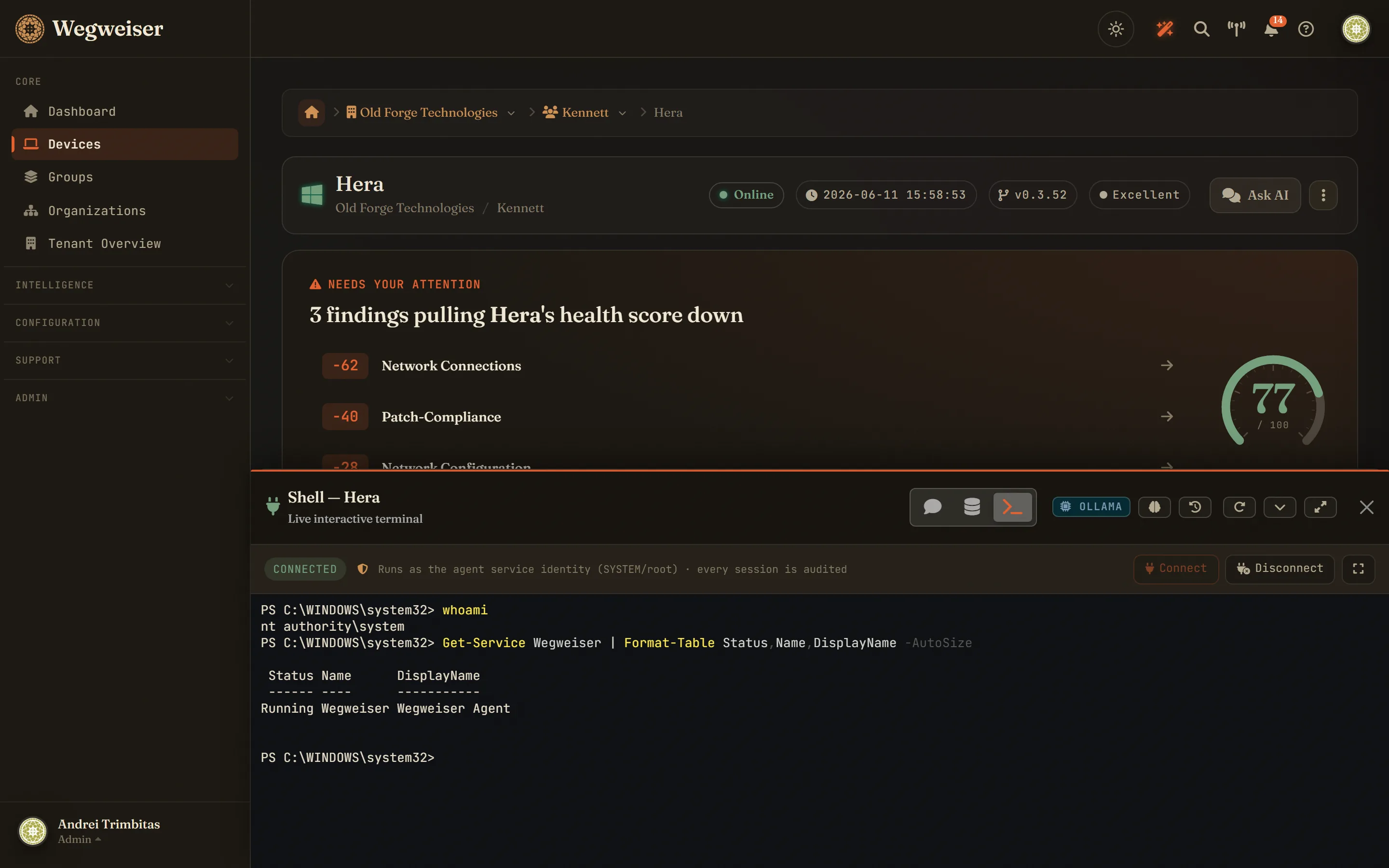 Live terminal - a real SYSTEM PowerShell session in the browser, scoped per-session credentials, every session audited