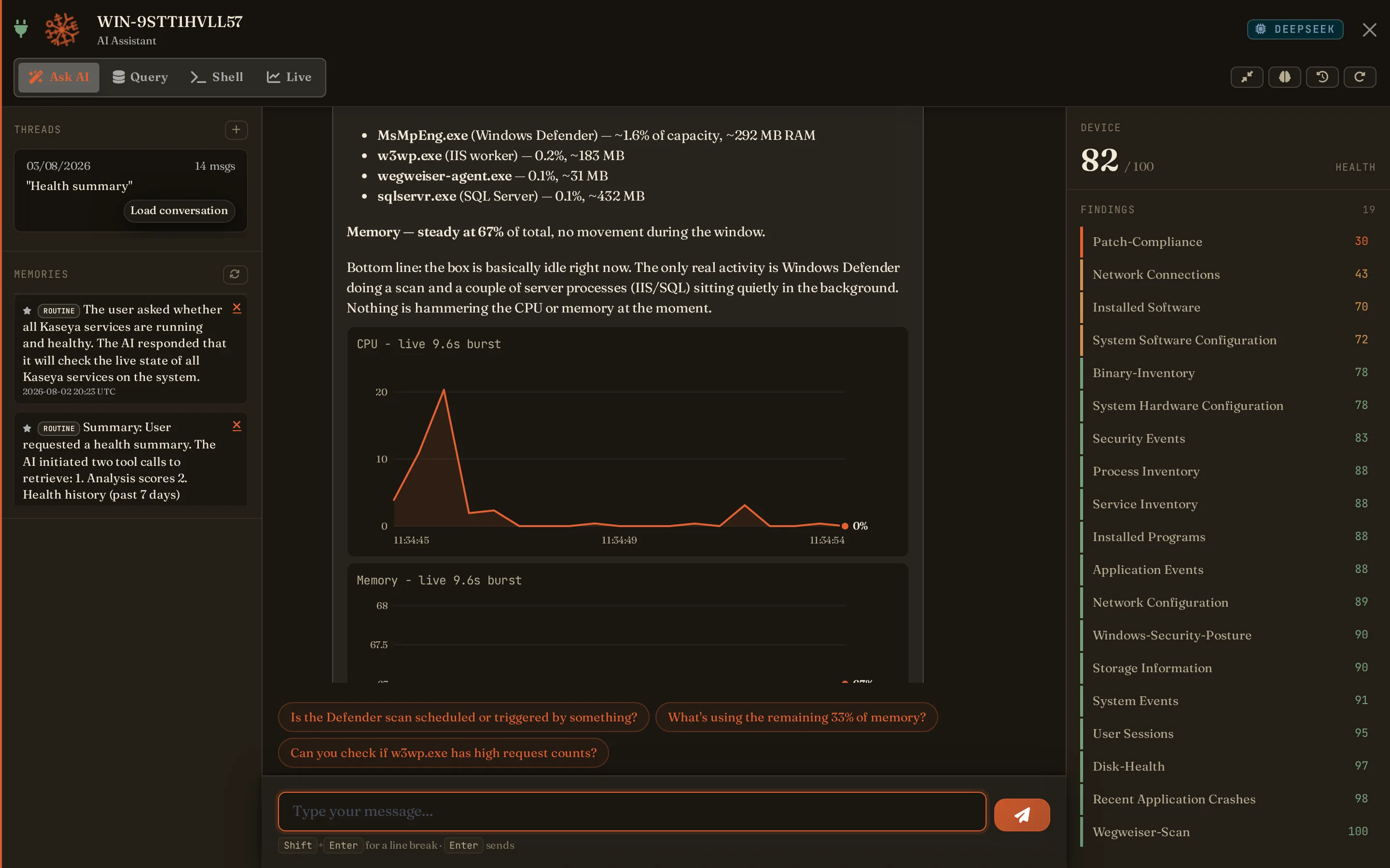 Live burst - ten seconds of real CPU and memory charted from the samples, with the load attributed to named processes