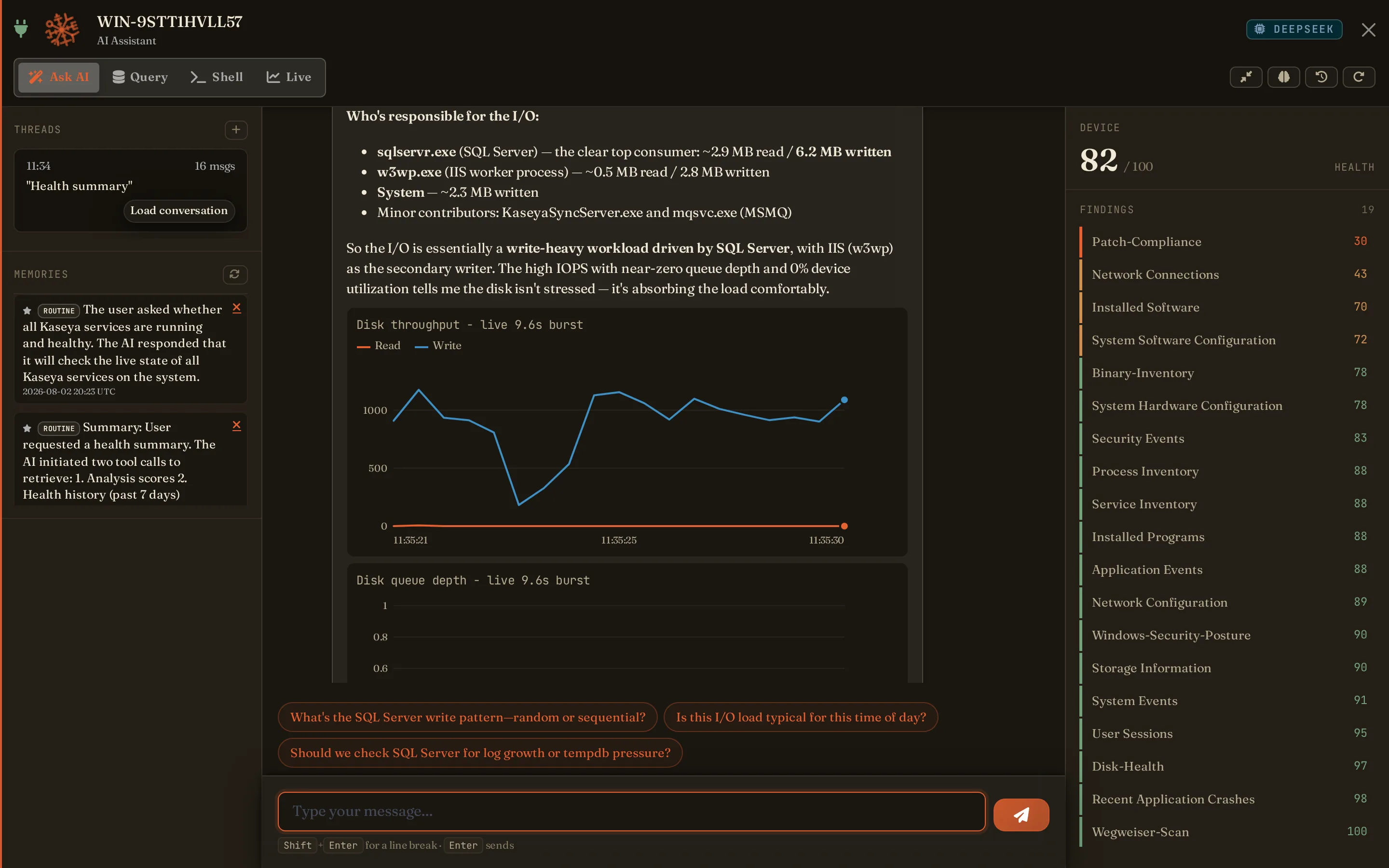 Live disk burst - read and write throughput, IOPS and queue depth, and which process is doing the I/O
