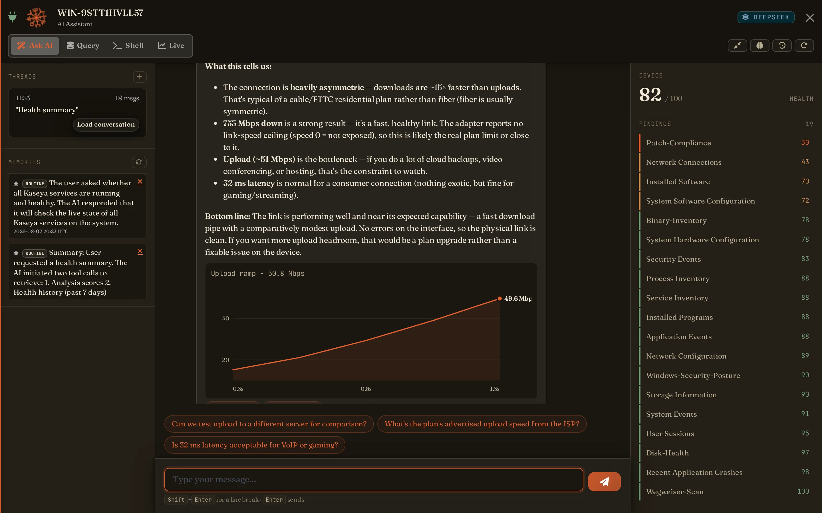 Speed test from the endpoint - download, upload and latency measured on the client's own link, with the ramp charted