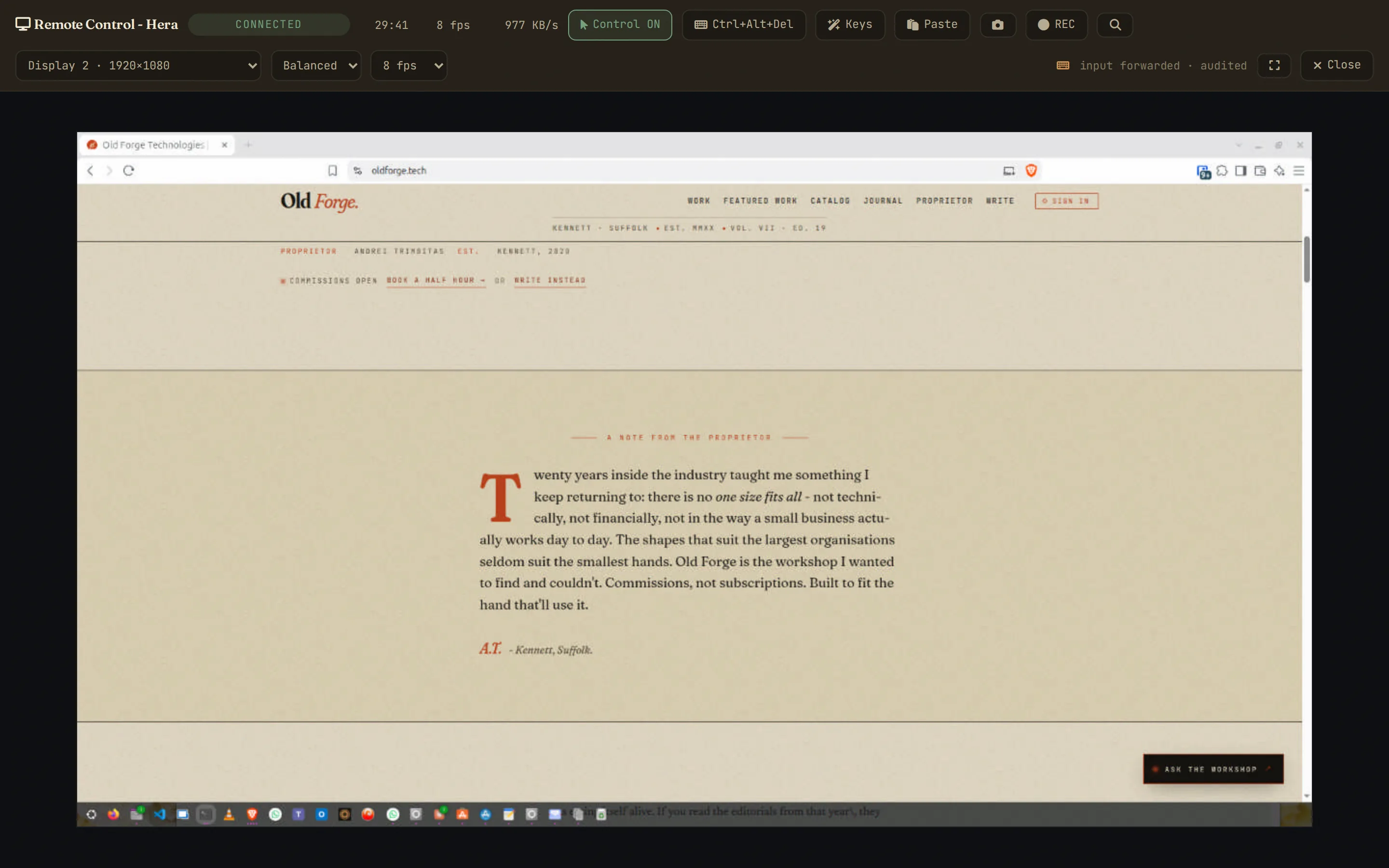 Remote control of a Linux desktop - GNOME on Wayland captured through the compositor, no consent dialog, with display picker, quality and frame rate in the bar
